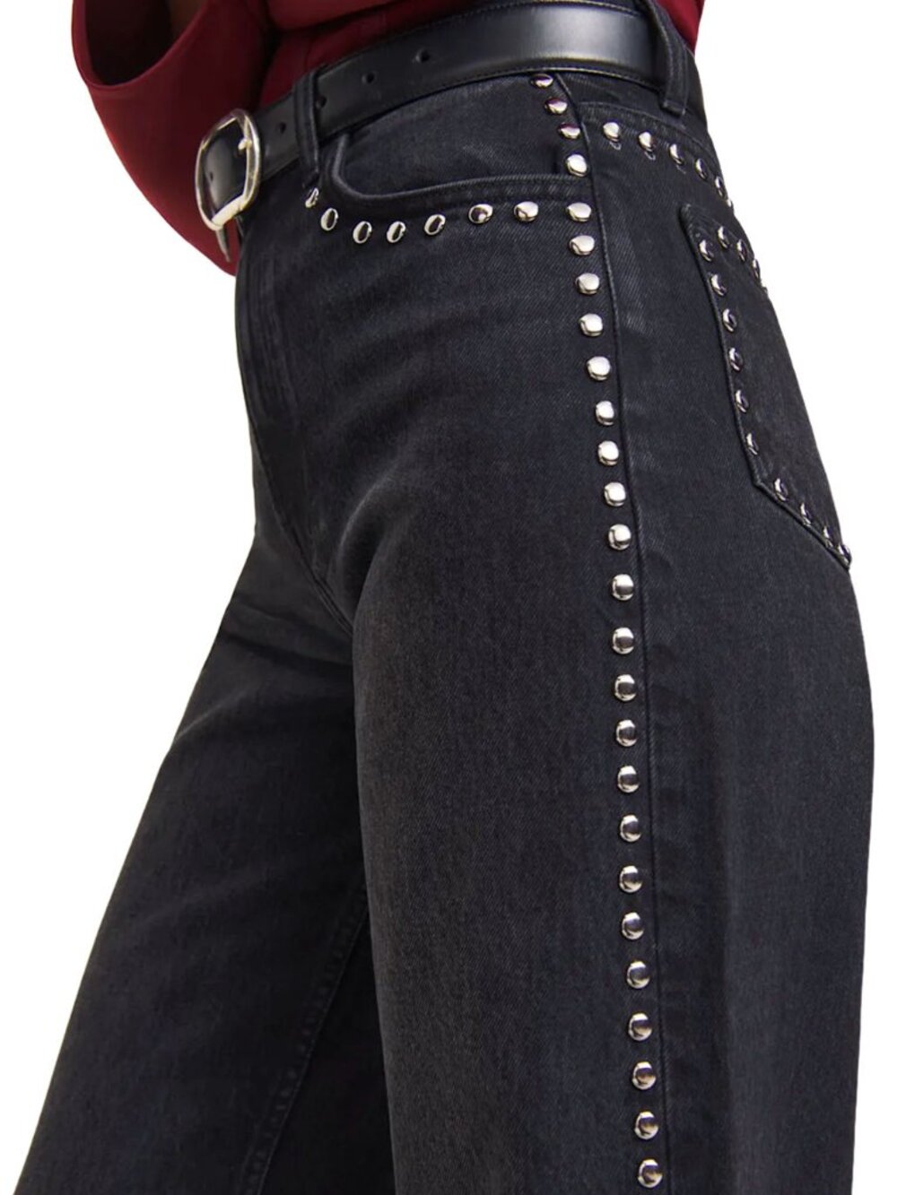 Reformation Cary High Rise Slouchy Wide Leg Vana Studded Black Jeans Hemmed 25